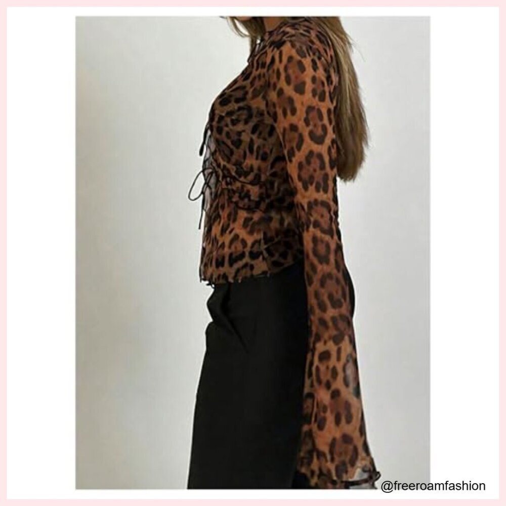 Sheer Leopard Bell Sleeve Tie Front V Neck T-Shirt Y2K Party Top - Picture 3 of 4